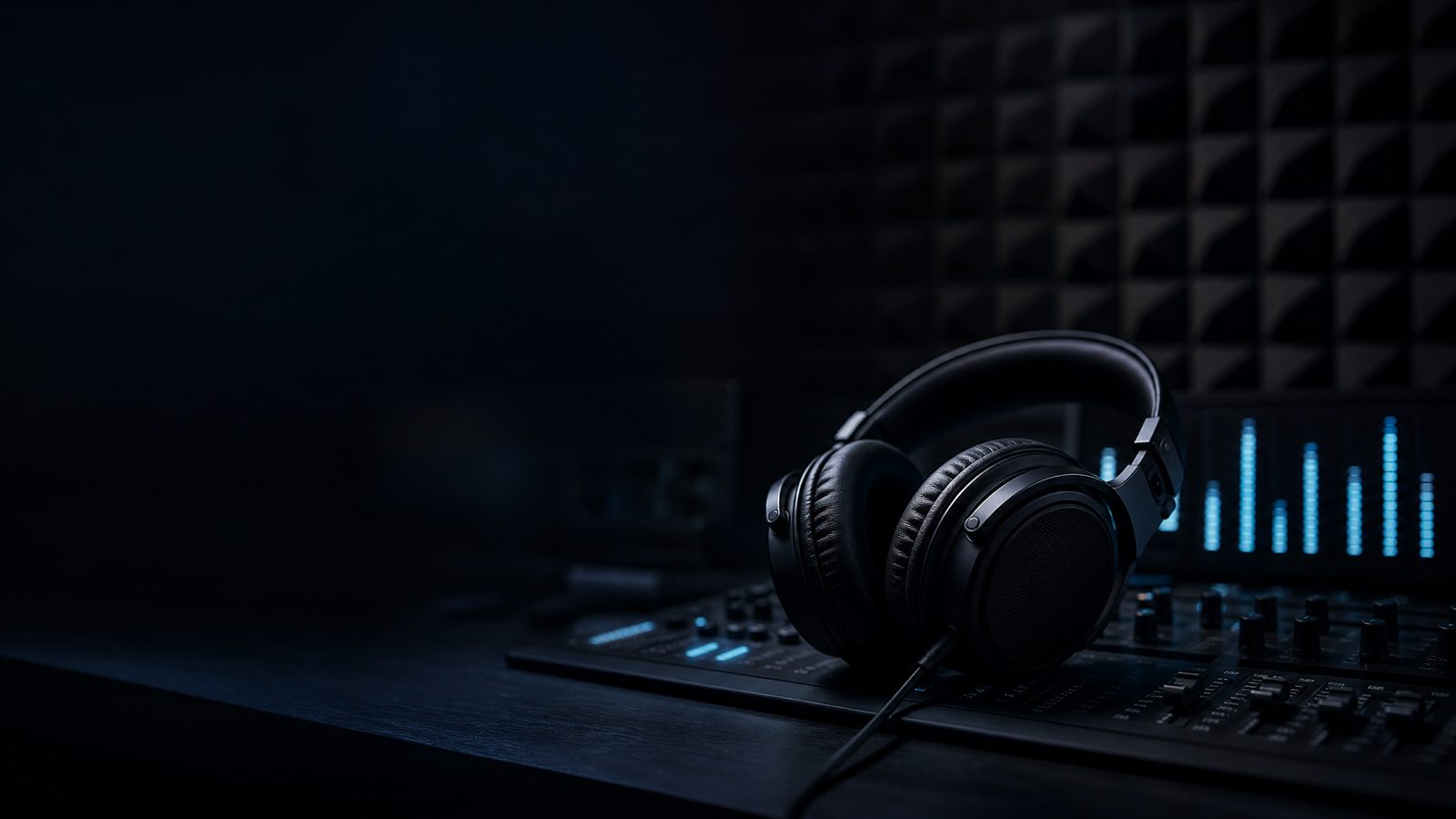 A dim studio desk with large over-ear headphones resting on a mixing surface and faint pale blue level indicators
