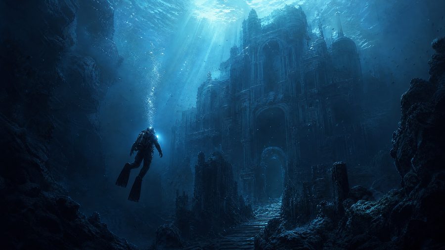 A diver silhouette descending past a vast submerged structure with shafts of pale blue light from above and drifting particles