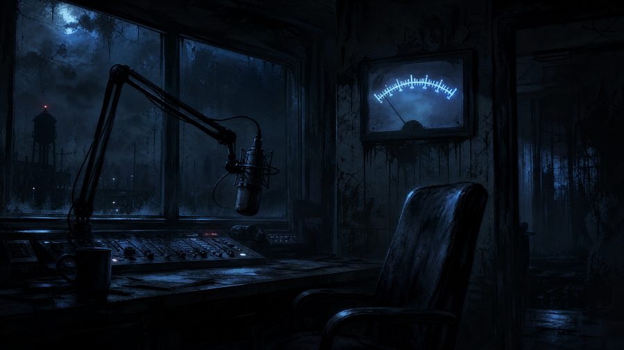 A dim broadcast booth at night with a microphone on a boom arm, a glowing pale blue signal meter on the wall and an empty chair