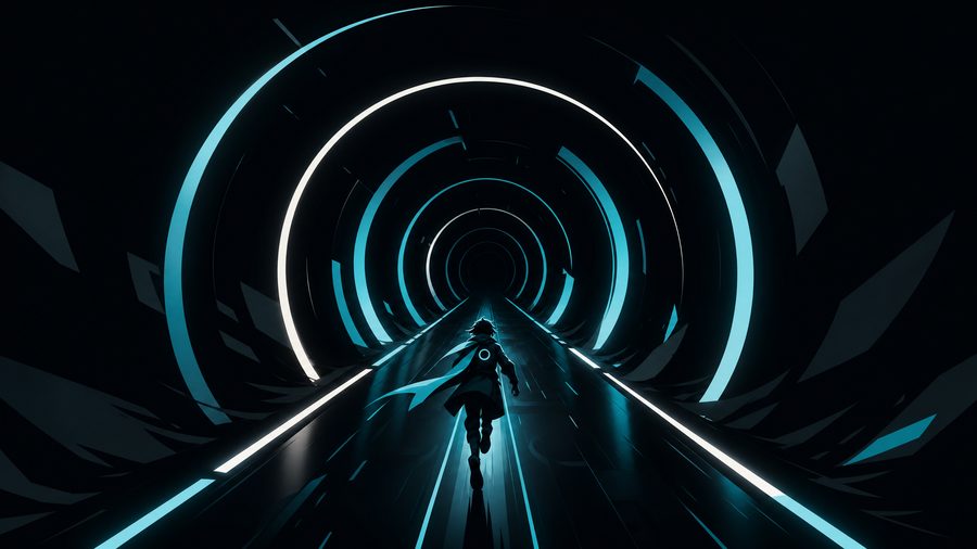 An abstract corridor of concentric pulsing rings with a small running figure