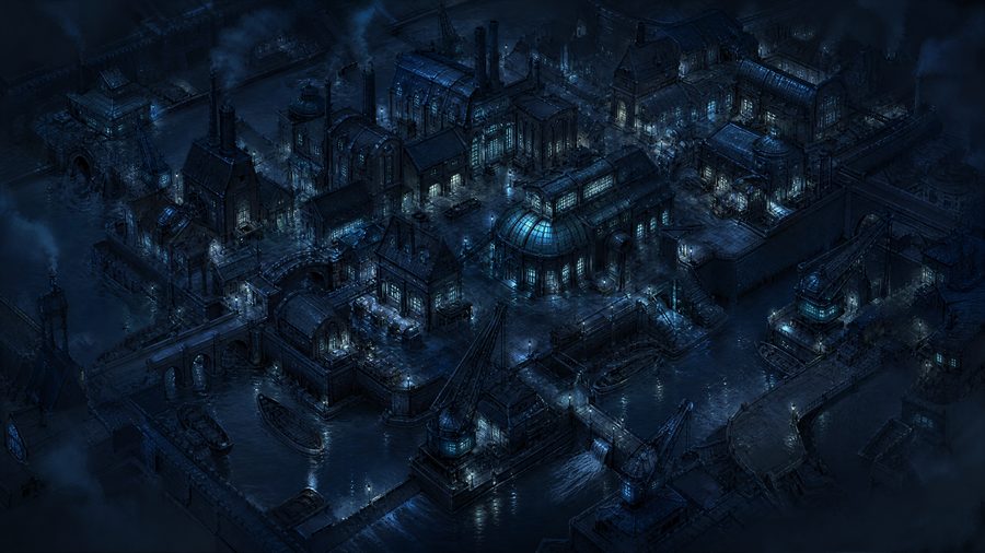 An isometric industrial district at night with lit windows, canals and cranes