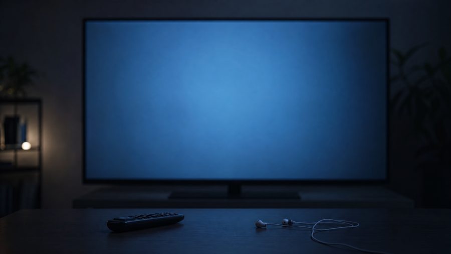 A dim room with a monitor showing a soft blue blank glow and a remote and earbuds on the table