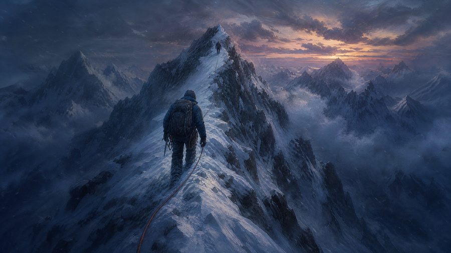 A narrow snow ridge at dusk with a climbing rope and distant peaks in blue haze