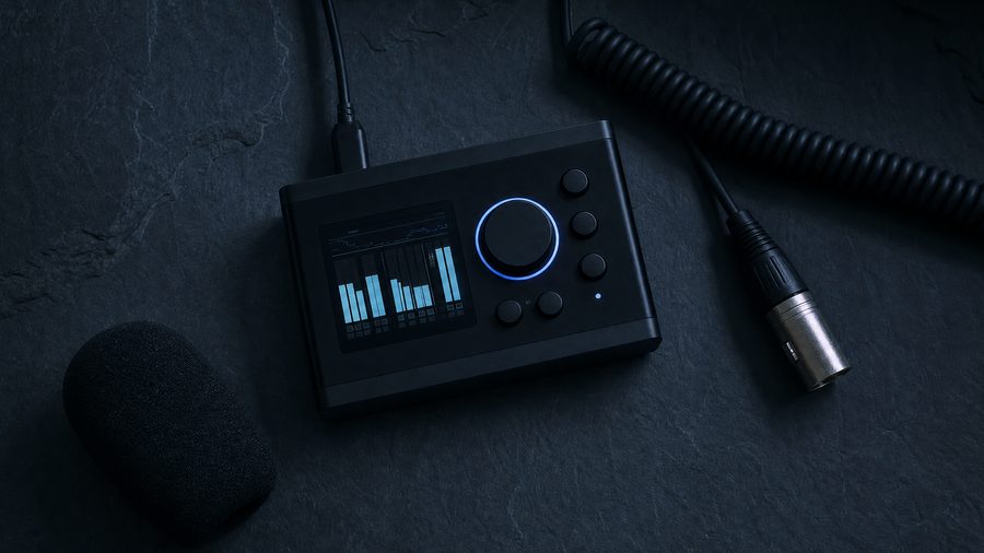 A small desktop audio interface with pale blue meters and one illuminated dial beside a coiled cable and a foam windshield
